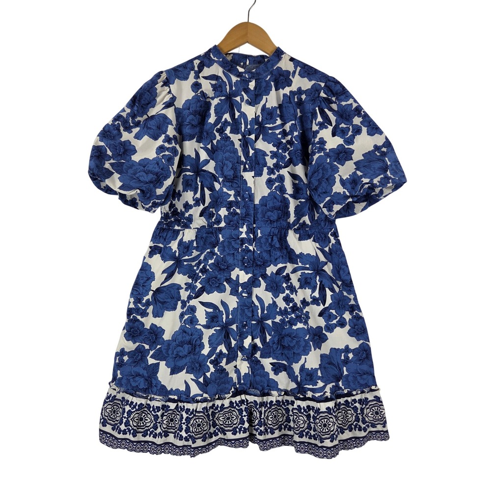Joie Blue White Floral Puff Sleeve Button Front Mini Dress Size 8 Pockets